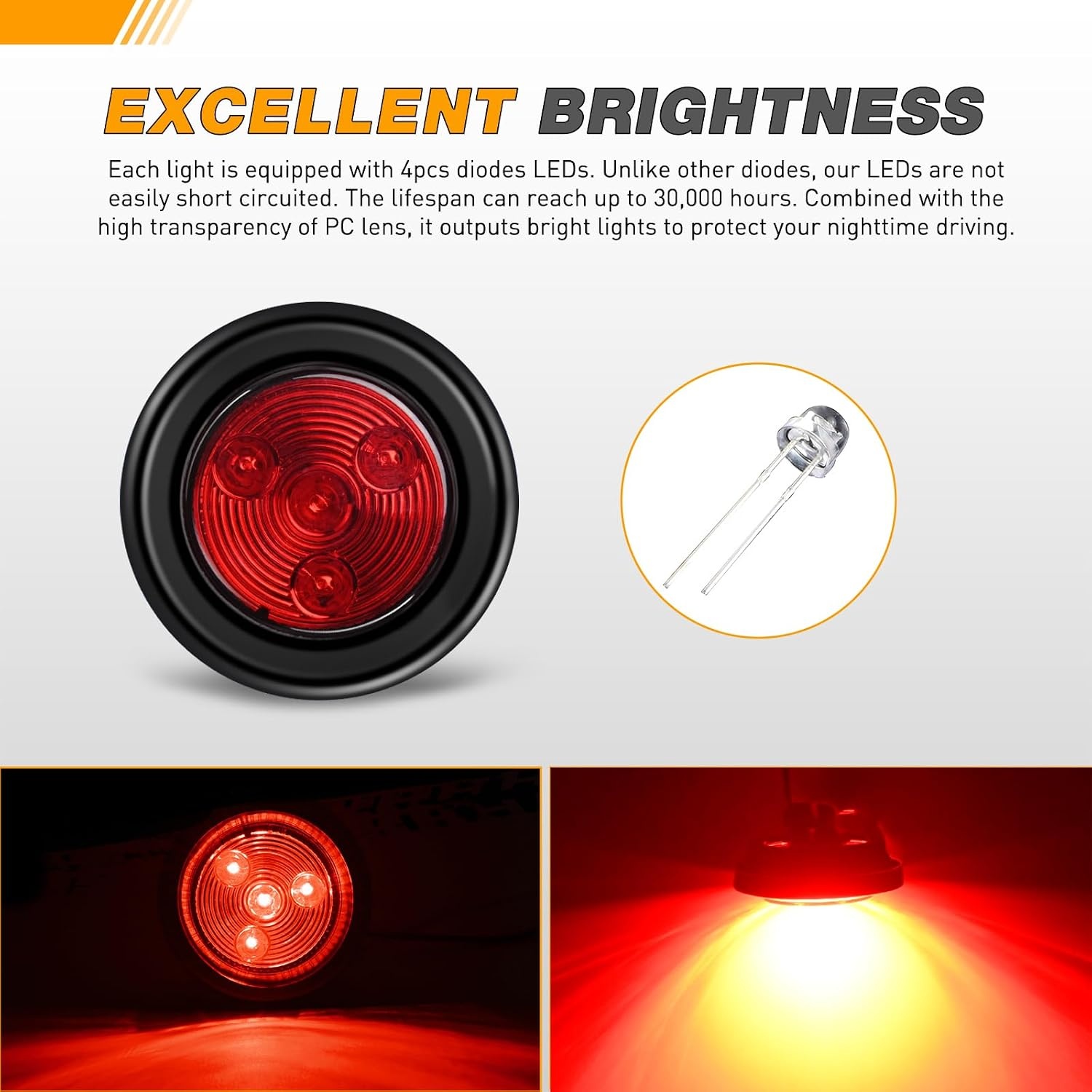 image:imageGOOACC 2Inch Round Side Marker Light 5PCS Amber 4LEDRedAmber 10PCS