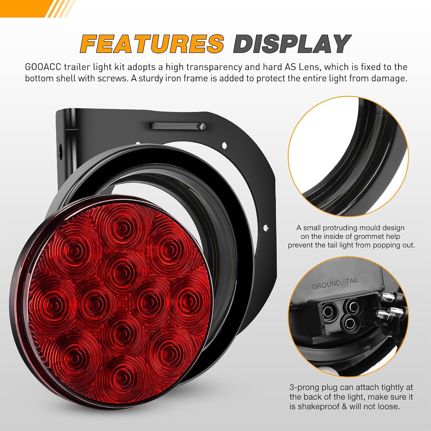 image:imageGOOACC 4 Inch Round Trailer Tail Light 2 PCS 12 LED AmberRed Brackets 2pcs