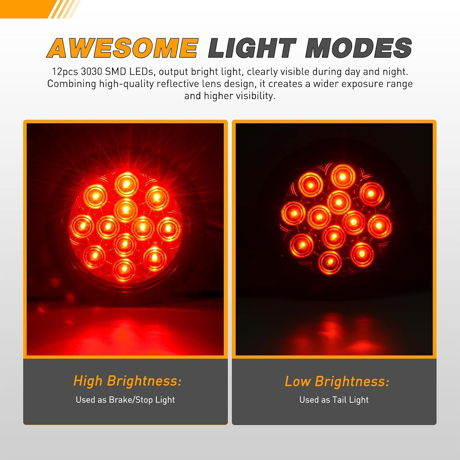 image:imageGOOACC 4 Inch Round Trailer Tail Light 2 PCS 12 LED AmberRed Brackets 2pcs