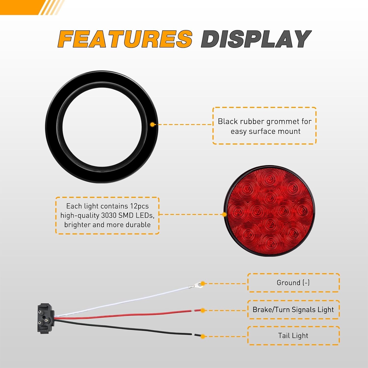 image:imageGOOACC 4 Inch Round Trailer Tail Light 2 PCS 12 LED AmberRed Brackets 2pcs