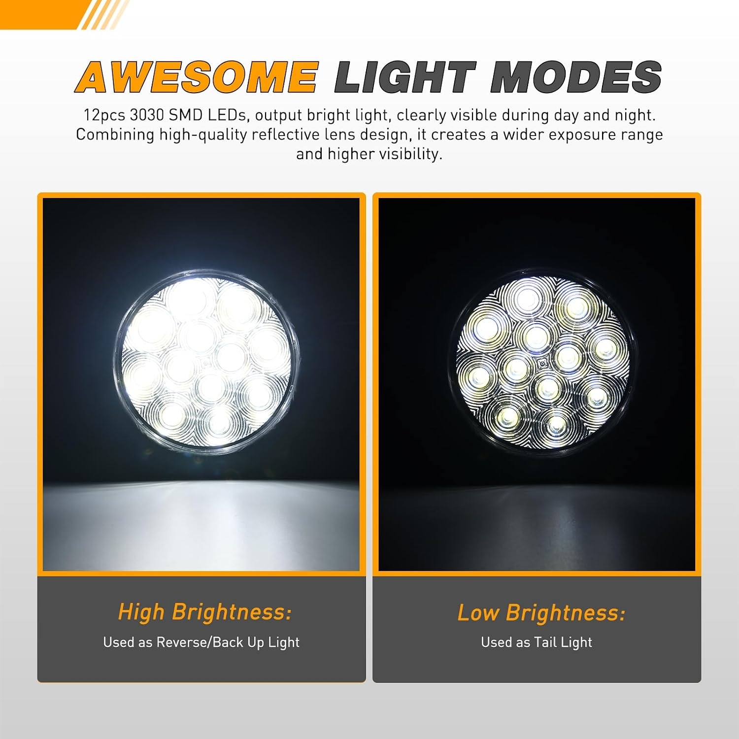 image:imageGOOACC 4 Inch Round Trailer Tail Light 2 PCS 12 LED AmberWhite 12Led 2Pcs