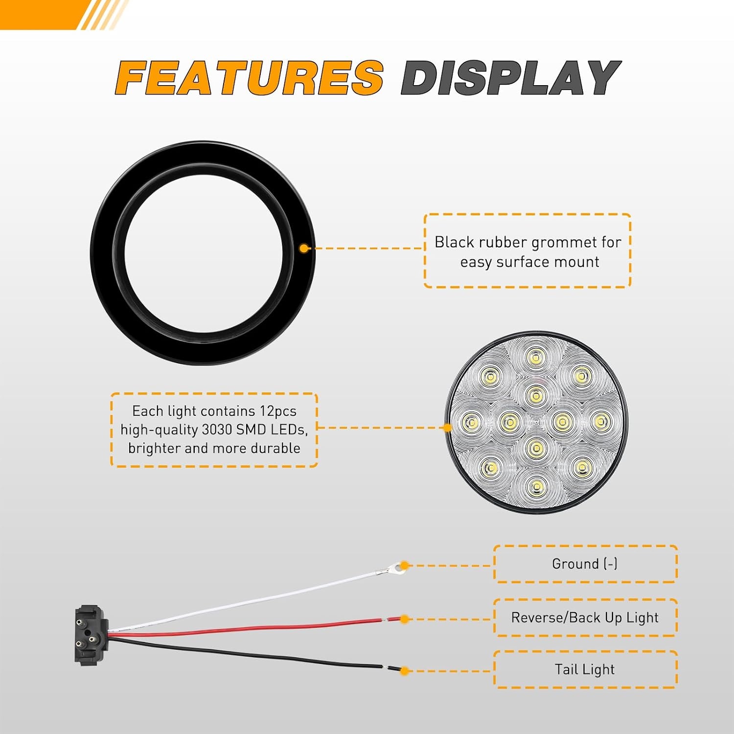image:imageGOOACC 4 Inch Round Trailer Tail Light 2 PCS 12 LED AmberWhite 12Led 2Pcs