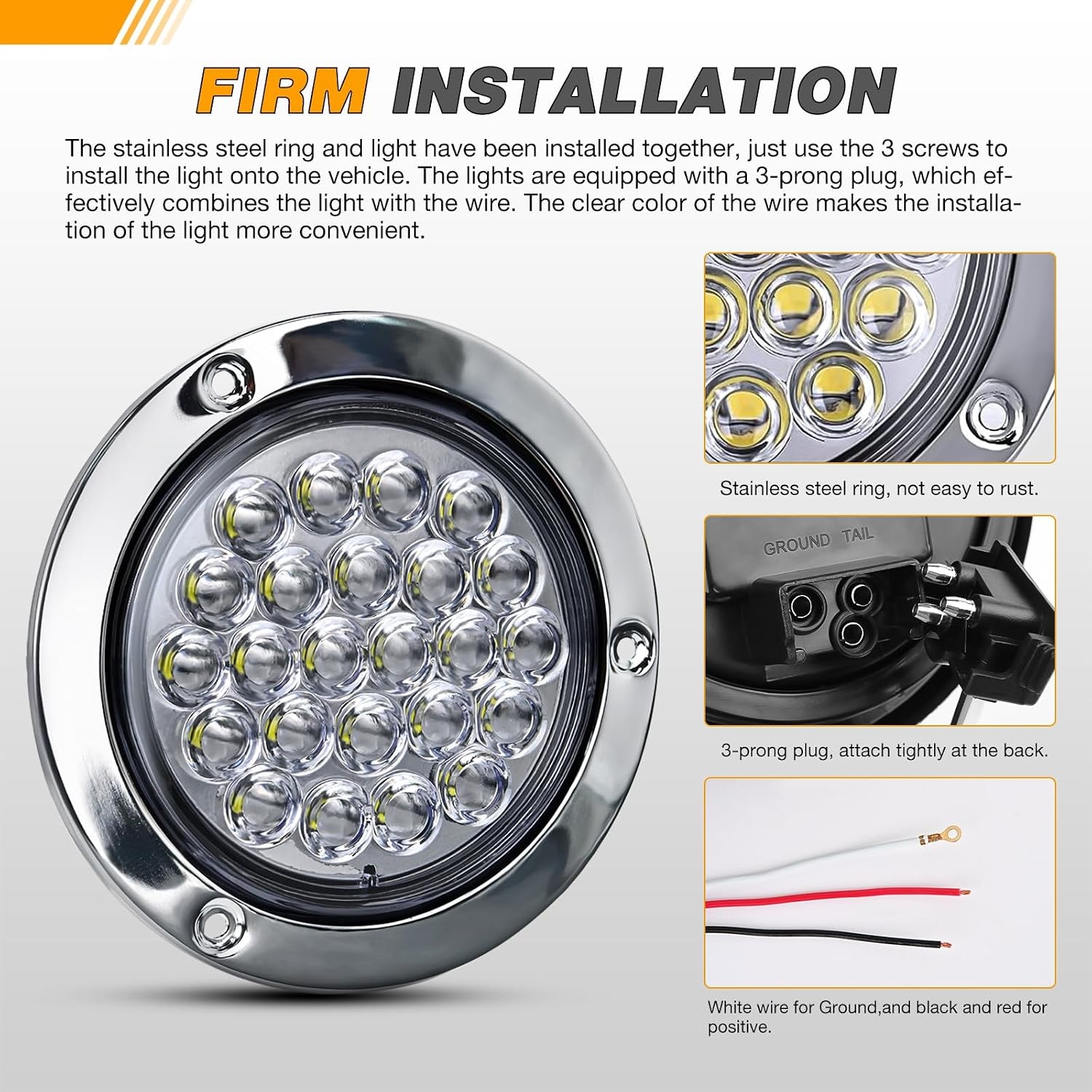 image:imageGOOACC 4 Inch Round Trailer Tail Light 2 PCS 12 LED AmberWhite 24Led 2Pcs Screws