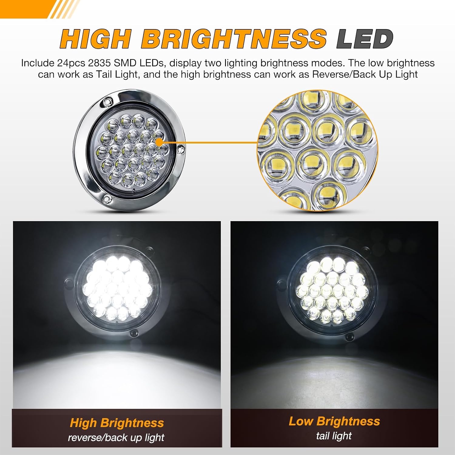 image:imageGOOACC 4 Inch Round Trailer Tail Light 2 PCS 12 LED AmberWhite 24Led 2Pcs Screws