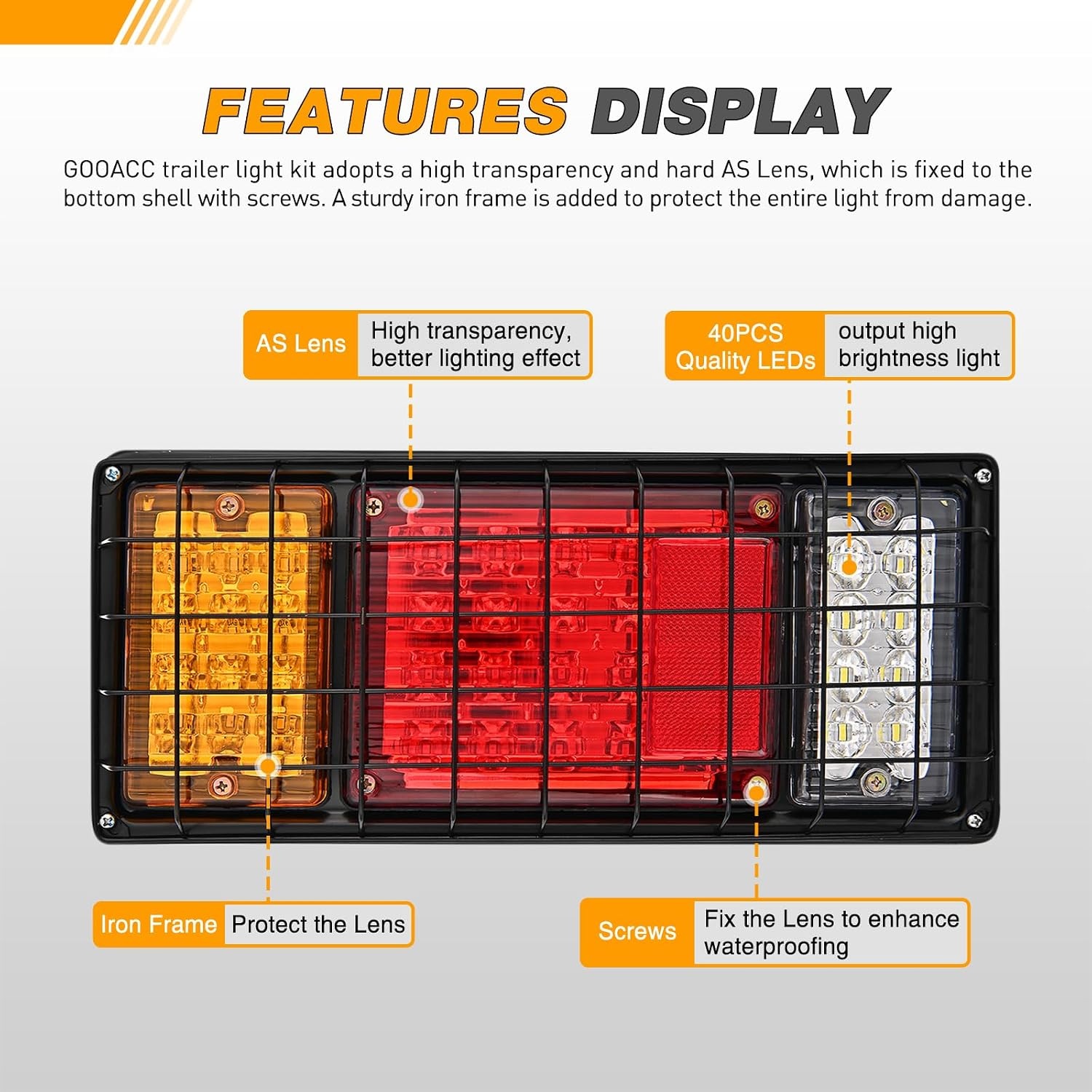 image:imageGOOACC 40 LED Trailer Light Kit 2PCS Red White Amber40Led Trailer Tail Light