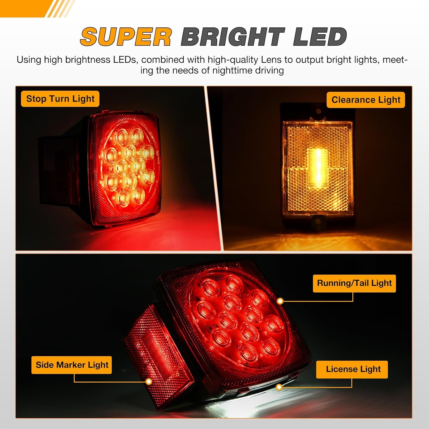 image:imageGOOACC 40 LED Trailer Light Kit 2PCS Red White AmberSquare Led Trailer Light