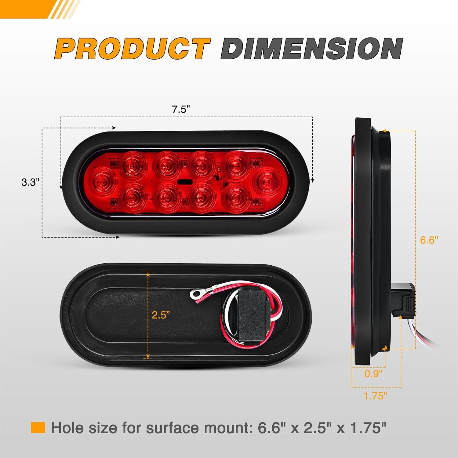 image:imageGOOACC 6Inch Oval Tail Light 2PCS Red 10LED Stop Brake Turn LightsRed 2Pcs