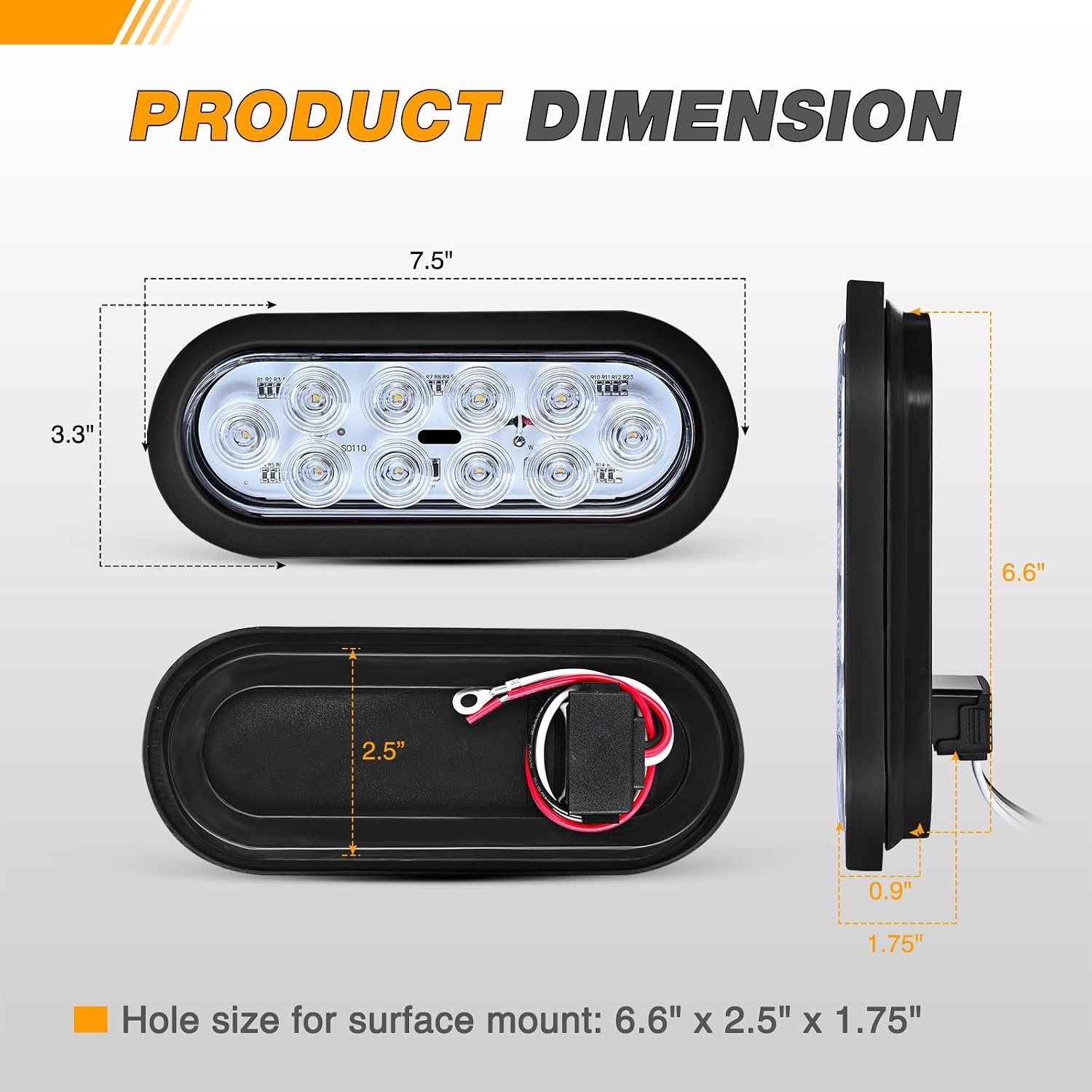 image:imageGOOACC 6Inch Oval Tail Light 2PCS Red 10LED Stop Brake Turn LightsWhite 2Pcs